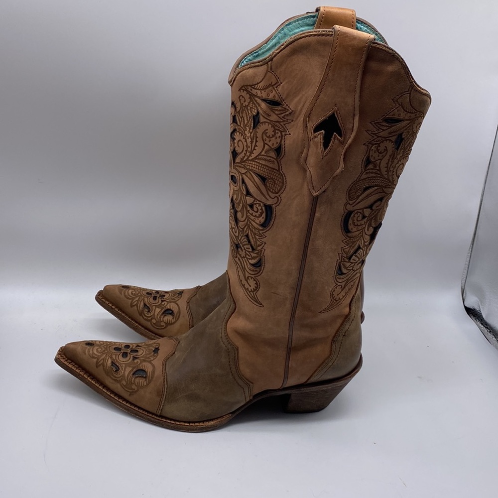 CORRAL Cowgirl Western Laser Tooled Snip Toe Boots Size 10M - Picture 2 of 14